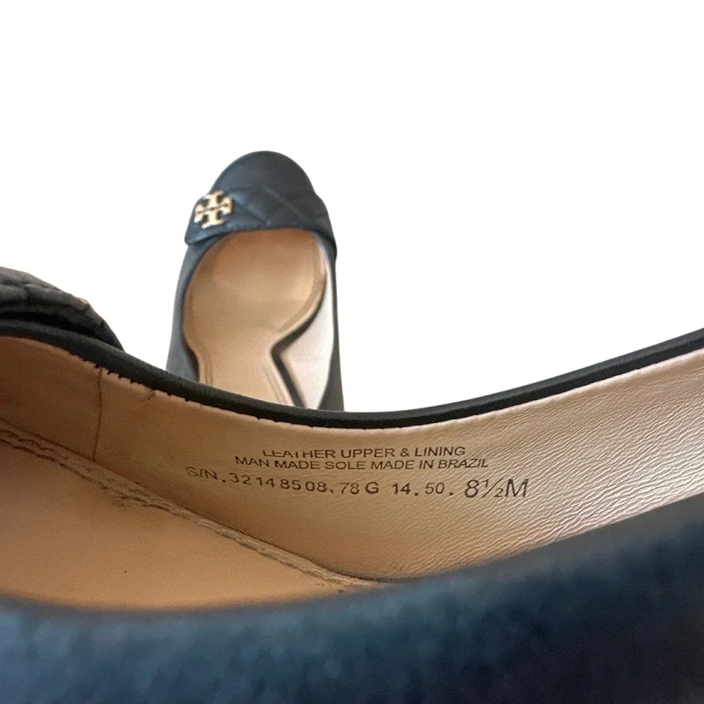 Tory Burch Marion Quilted Leather Wedge Pumps Black Gold Logo Size 8.5